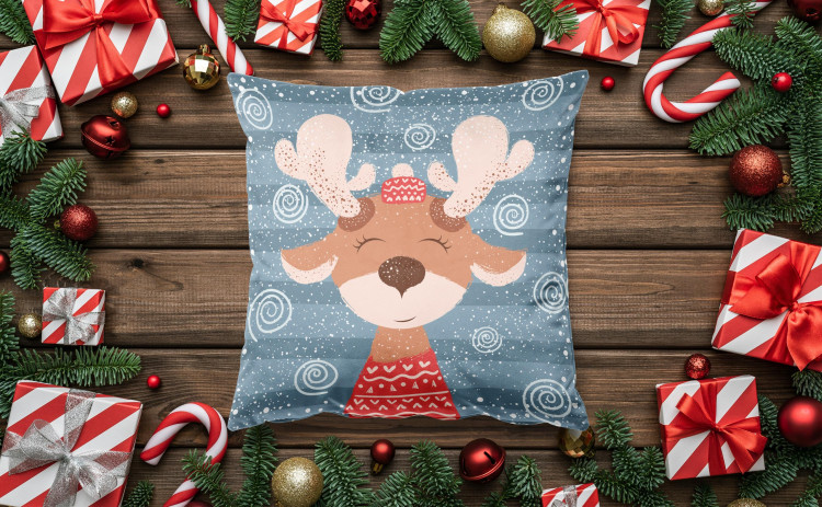 Decorative Velor Pillow Reindeer in the snow - smiling animal on a blue striped background  148512 additionalImage 2