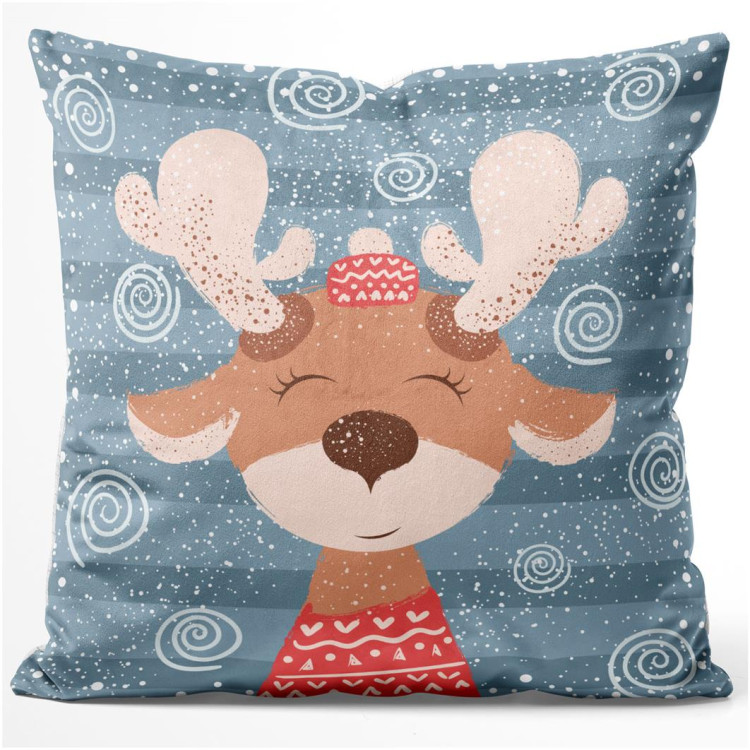 Decorative Velor Pillow Reindeer in the snow - smiling animal on a blue striped background  148512