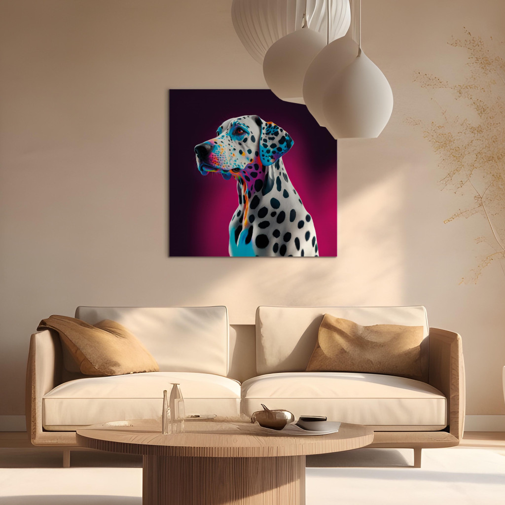 Schilderij  Honden: AI Dalmatian Dog - Spotted Animal In A Pink Room - Square