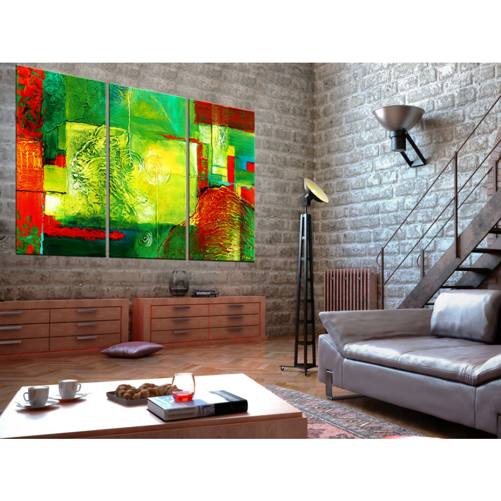 Schilderij  Gekleurde: Sappig Patroon (3-delig) - Groene Abstractie Met Kleurrijk Motief