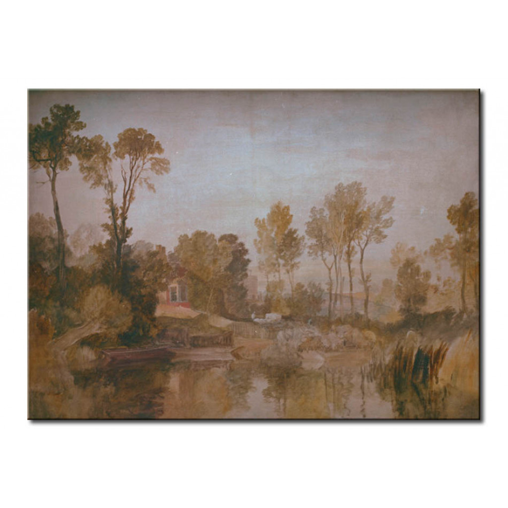 Cópia Impressa Do Quadro House Beside A River, With Trees And Sheep