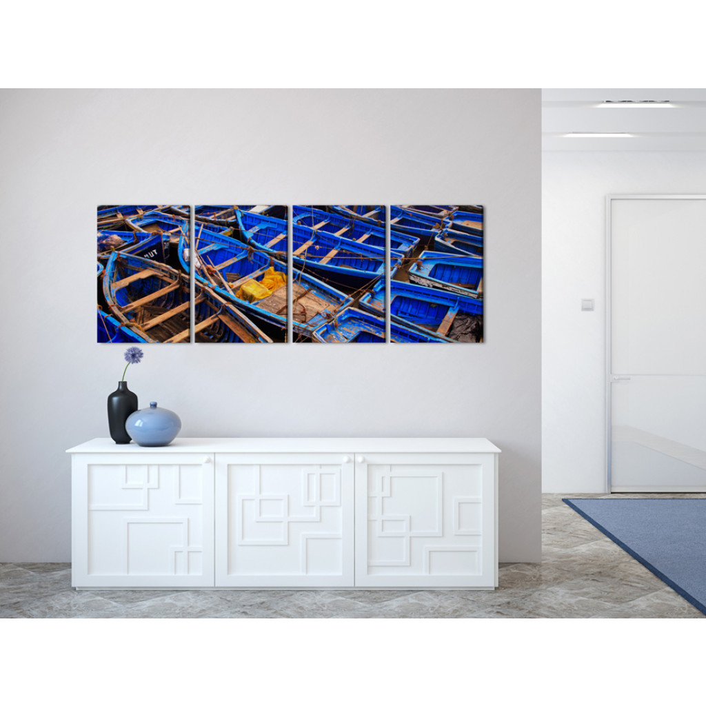 Målning Förtöjda Båtar - Sjöfartslandskap I Blå Färger
