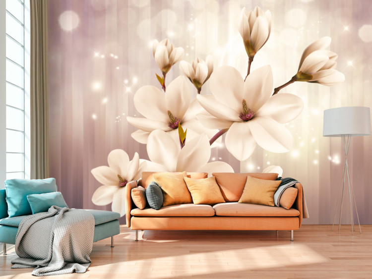 Carta da parati Magnolie bianche - fiori su sfondo con luci e strisce viola