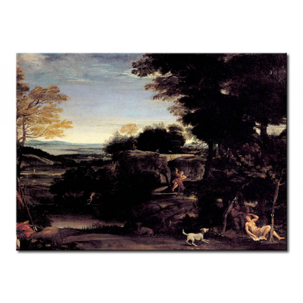 Schilderij  Domenichino: Landscape With Sylvia And The Satyr
