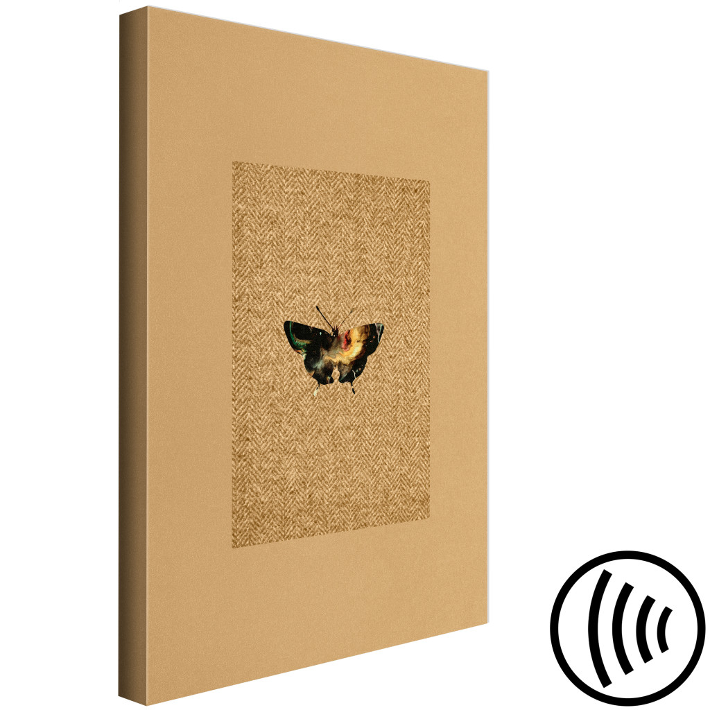 Obraz Motyl Z Klasera - Czarno-żółty Motyl Na Naturalnym Jodełkowym Materiale W Brązowej Ramce