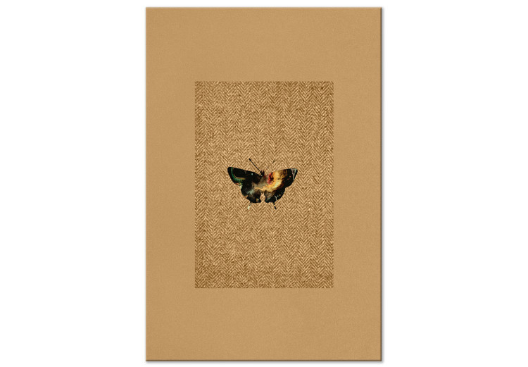 Quadro su tela Farfalle nell'album - farfalla giallo-nera su un materiale naturale a spina di pesce in una cornice marrone