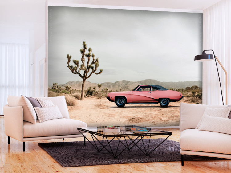 Photo Wallpaper Pink, American classic - photo of desert with car and mountains 136322