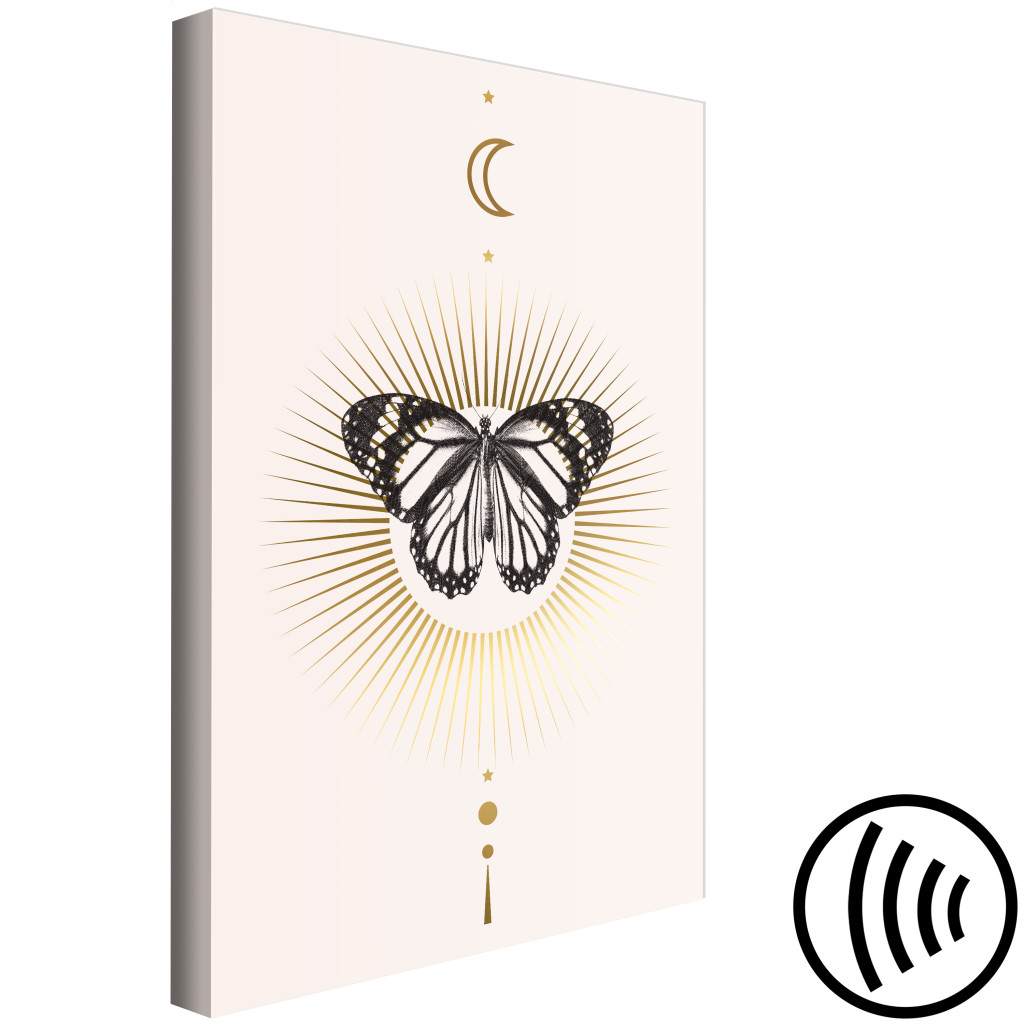 Obraz Czarno-biały Motyl Na Tle Słońca - Motyl Na Kompozycji Z Księżycem, Słońcem I Planetami Układu Słonecznego Na Perłowym Tle W Stylu Scandiboho