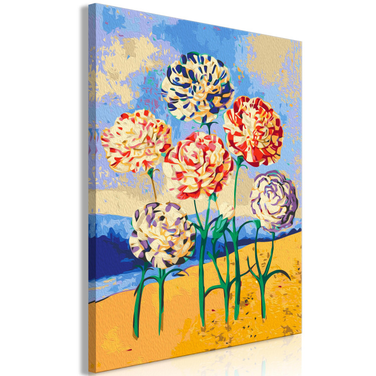 Obraz do malowania po numerach Delikatne goździki - kolorowe kwiaty, piasek, woda i zielone liście 144522 additionalImage 7