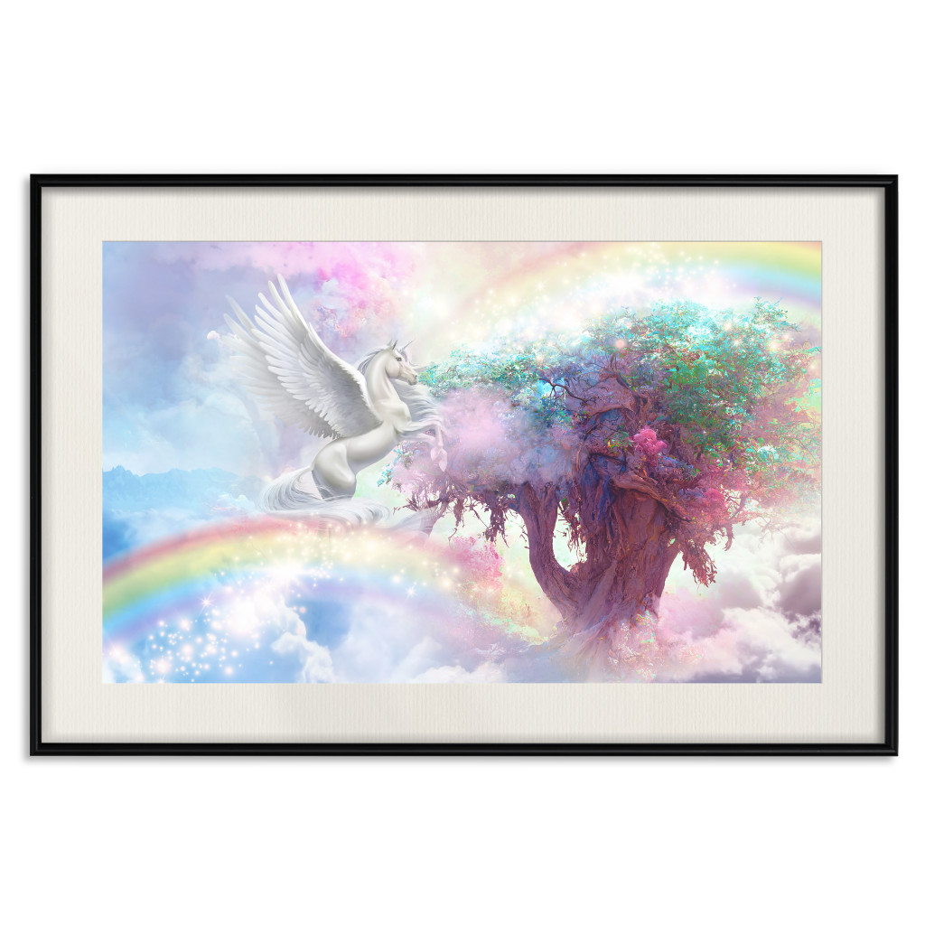 Plakat: Jednorożec I Magiczne Drzewo - Fantazyjna I Tęczowa Kraina W Chmurach