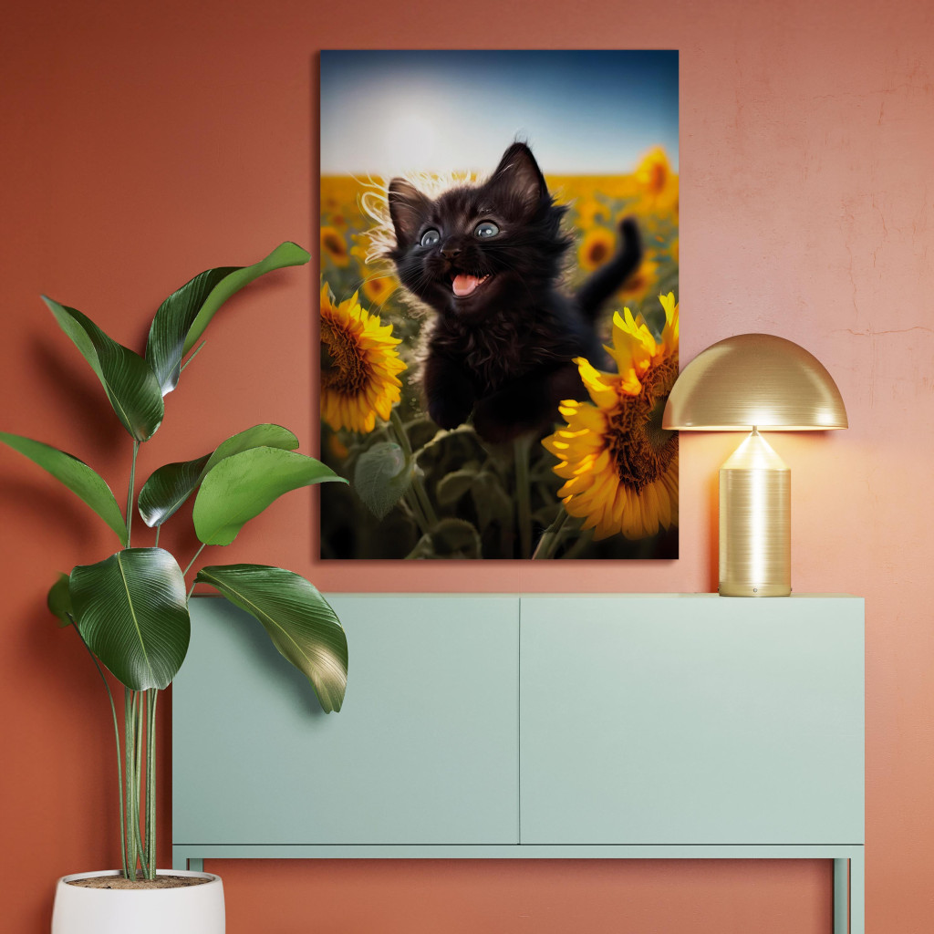 Obraz AI Kot - Czarny Zwierzak Pląsający Na Polu Słoneczników W Słonecznej Poświacie - Pionowy