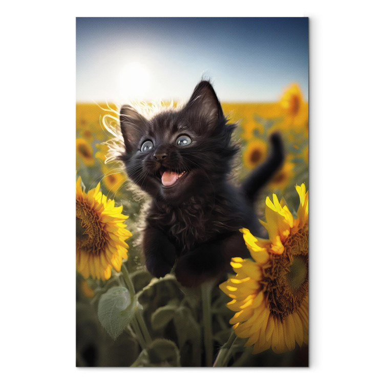 Canvas AI Cat - Black Animal Dancing in a Field of Sunflowers in a Sunny Glow - Vertical
