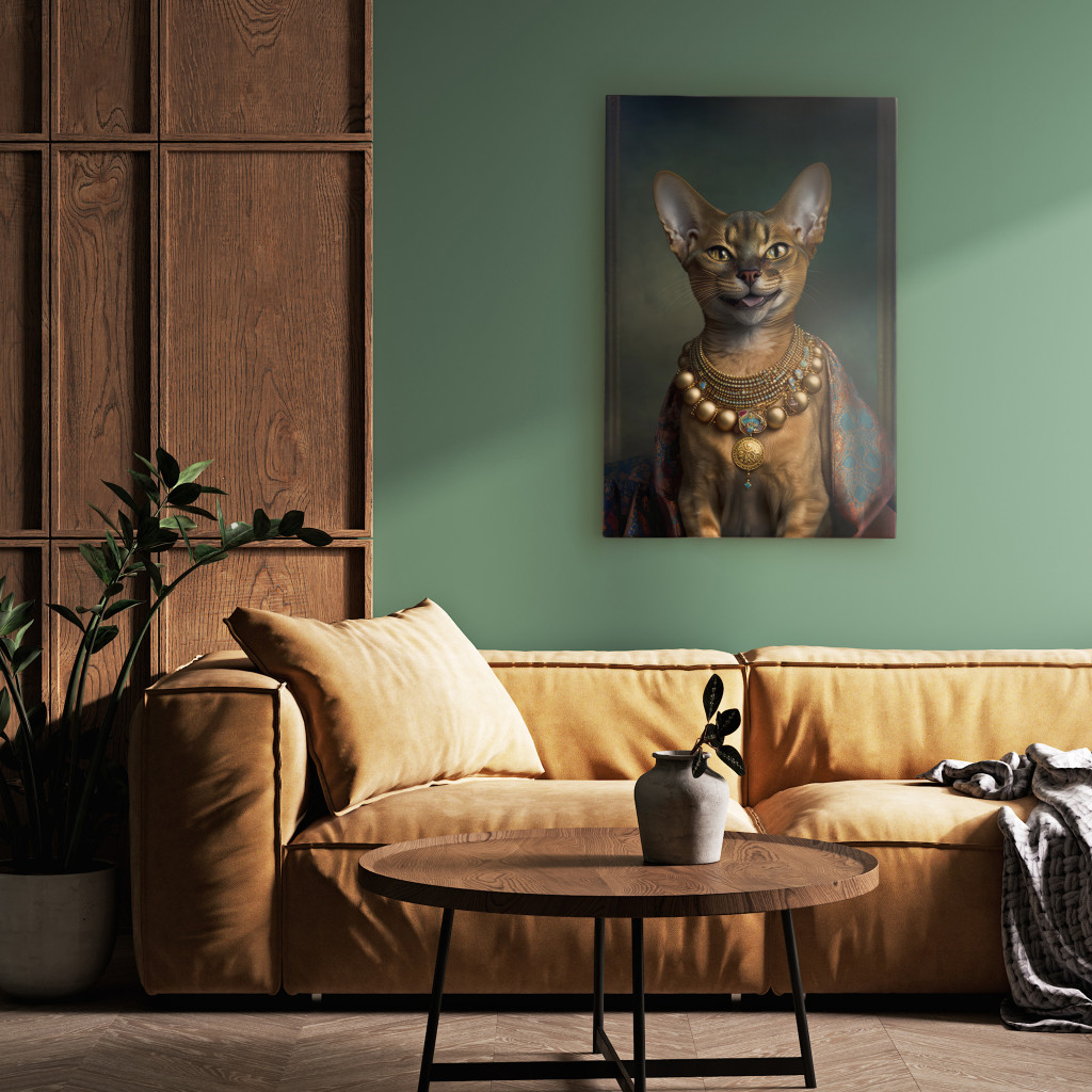 Schilderij  Katten: AI Abyssinian Cat - Animal Fantasy Portrait With Golden Necklace - Vertical
