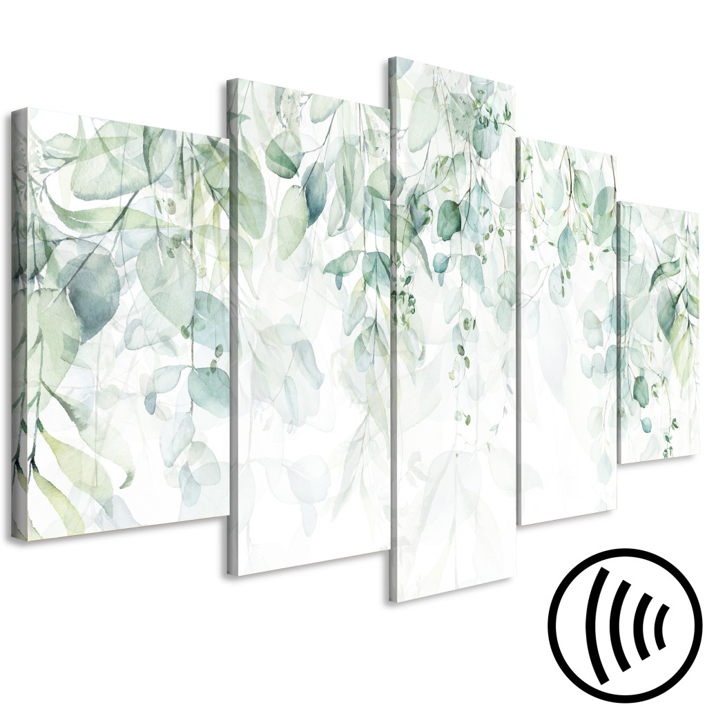 Schilderij  Bladeren: Pastel Plants - Leaves In Delicate Greens On A White Background