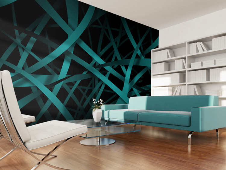 Wall Mural Perspective - Dark Green Stripes with 3D Illusion and Black Space