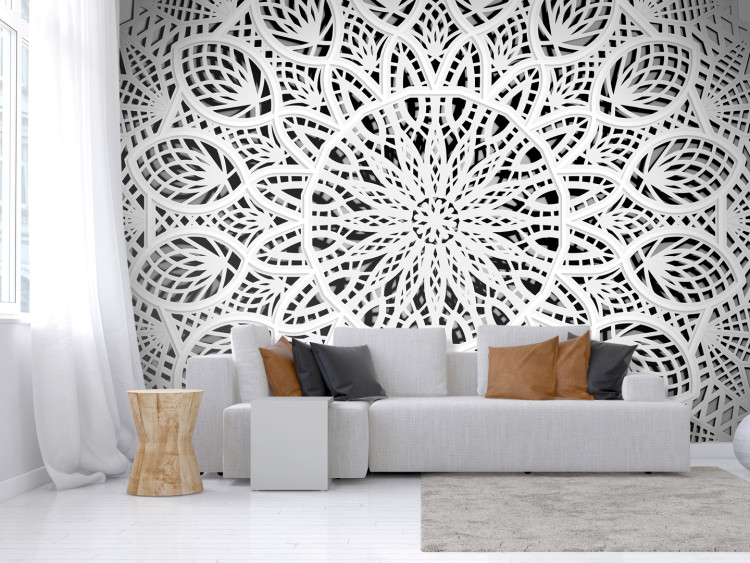 Wall Mural Orient - white geometric composition in the type of mandala on a black background