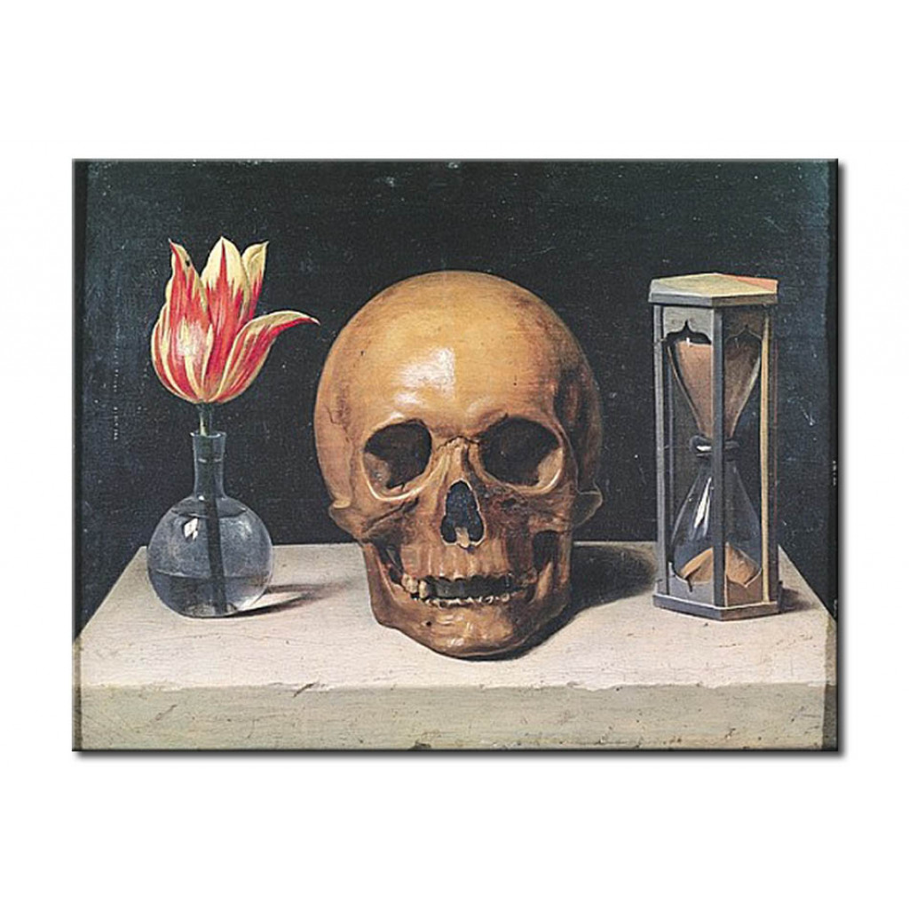 Målning Vanitas Still Life With A Tulip, Skull And Hour-Glass