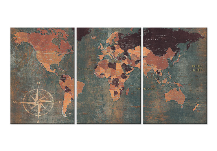 Leinwandbild Vintage World Map (3 Parts) Green