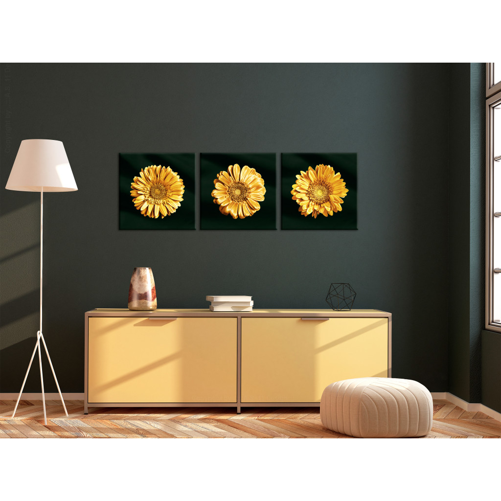 Obraz Złote Słoneczniki - Tryptyk W Stylu Glamour Ze Złotymi Kwiatami