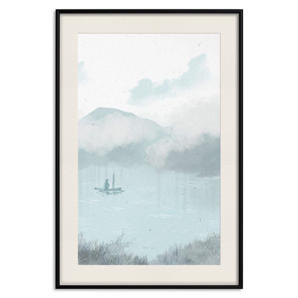 Poster Decorativo Fishing In The Morning - Small Boat Against The Background Of Misty Mountains