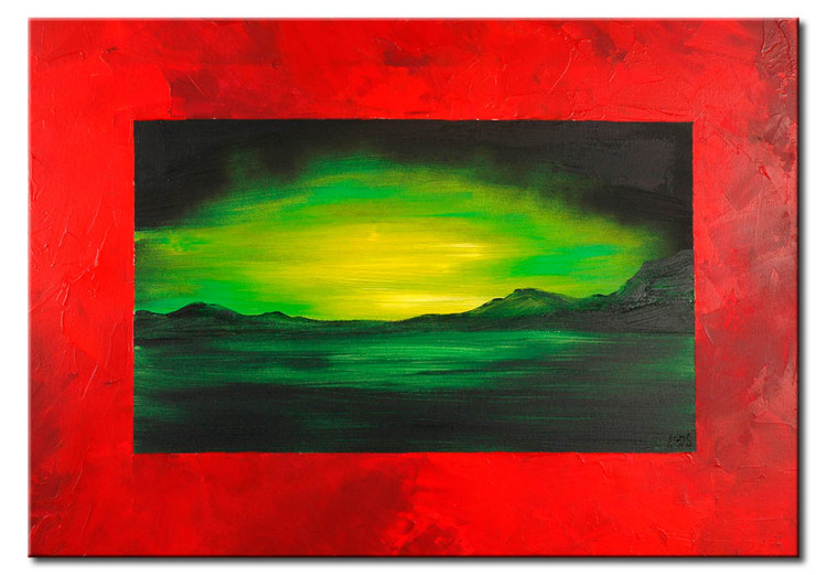 Quadro pintado Paisagem oriental - paisagem montanhosa, tons verdes e fundo vermelho 49732
