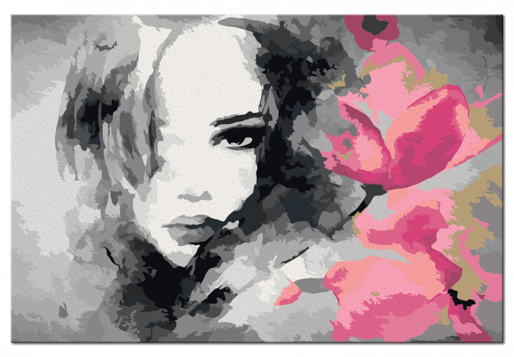 Malen nach Zahlen-Bild für Erwachsene Porträt in schwarz-weiß mit rosaroter Blume 107142 additionalImage 7