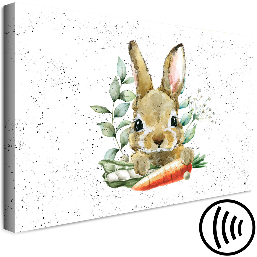 Schilderij  Andere Dieren: Rabbit With A Carrot - Painted Hare With Vegetables On A Speckled Background