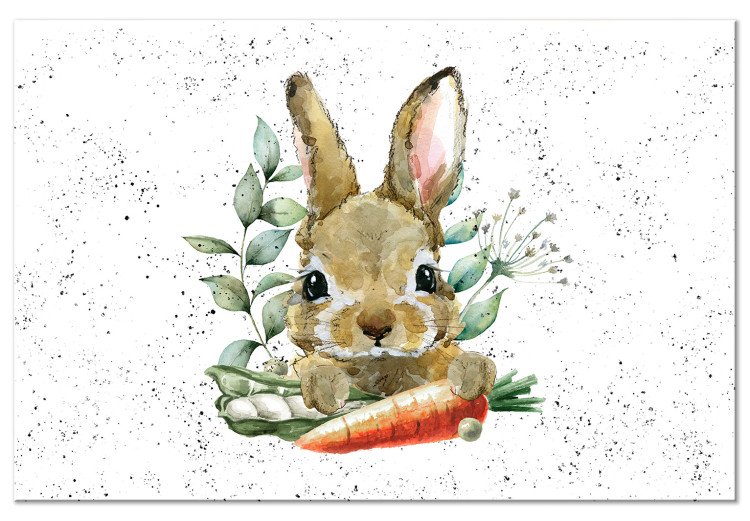 Canvas Print Rabbit With a Carrot - Painted Hare With Vegetables on a Speckled Background 145742