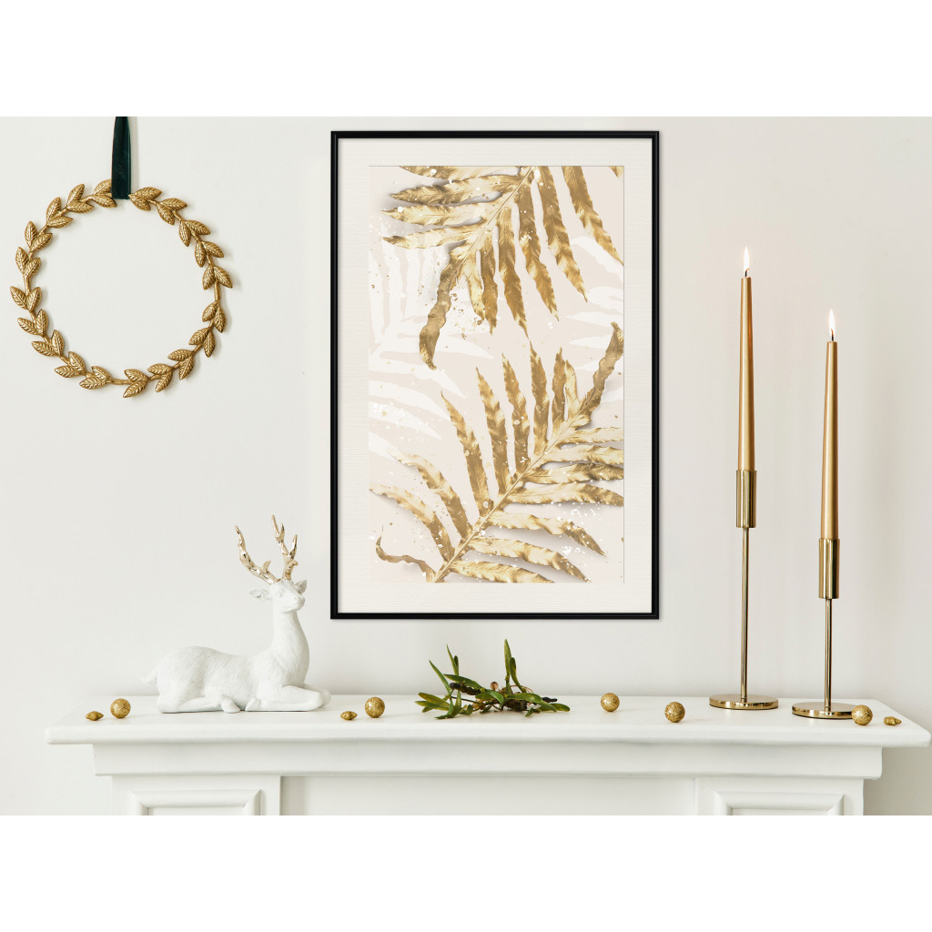 Muur Posters Golden Elegant Leaves - Plants With A Festive Atmosphere