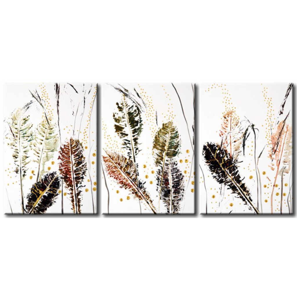 Schilderij  Florale Motieven: Zwevende Herfstbladeren (3-delig) - Herfstig Natuurmotief