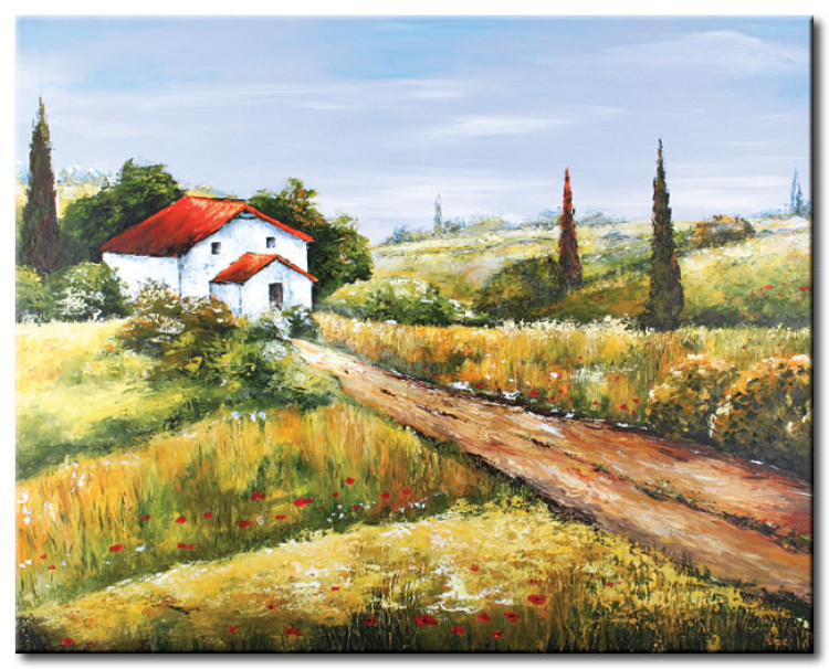 Peinture murale ou papier peint aquarelle paysage champ et maison