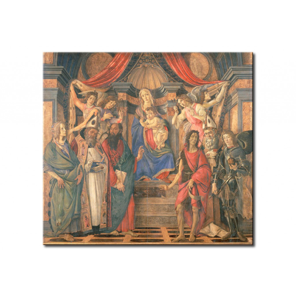 Schilderij  Sandro Botticelli: Enthroned Madonna & Child With Angels, And Saints Catherine Of Alexandria, Augustine, Barnabas, John The Baptist, Bisho