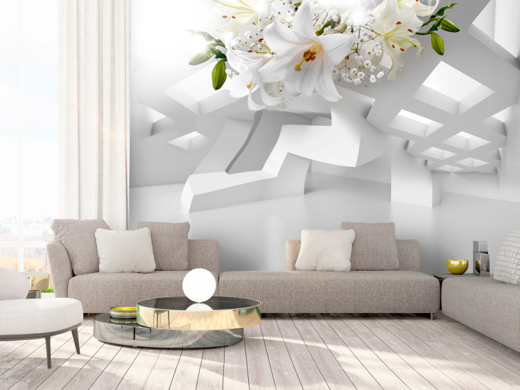 Wall Mural Abstract mirage in white - spatial composition with white lilies