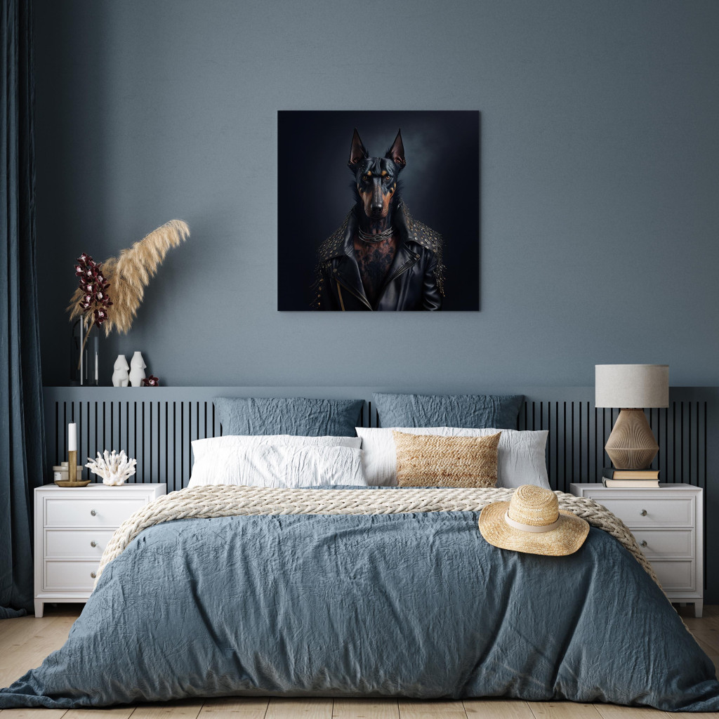 Obraz AI Pies Doberman - Portret Fantasy Zwierzaka W Stylu Rockowym - Kwadratowy