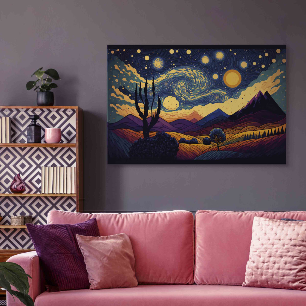Schilderij  In Het Maanlicht: Impressionistic Landscape - Mountains And Meadows Under A Sky Full Of Stars