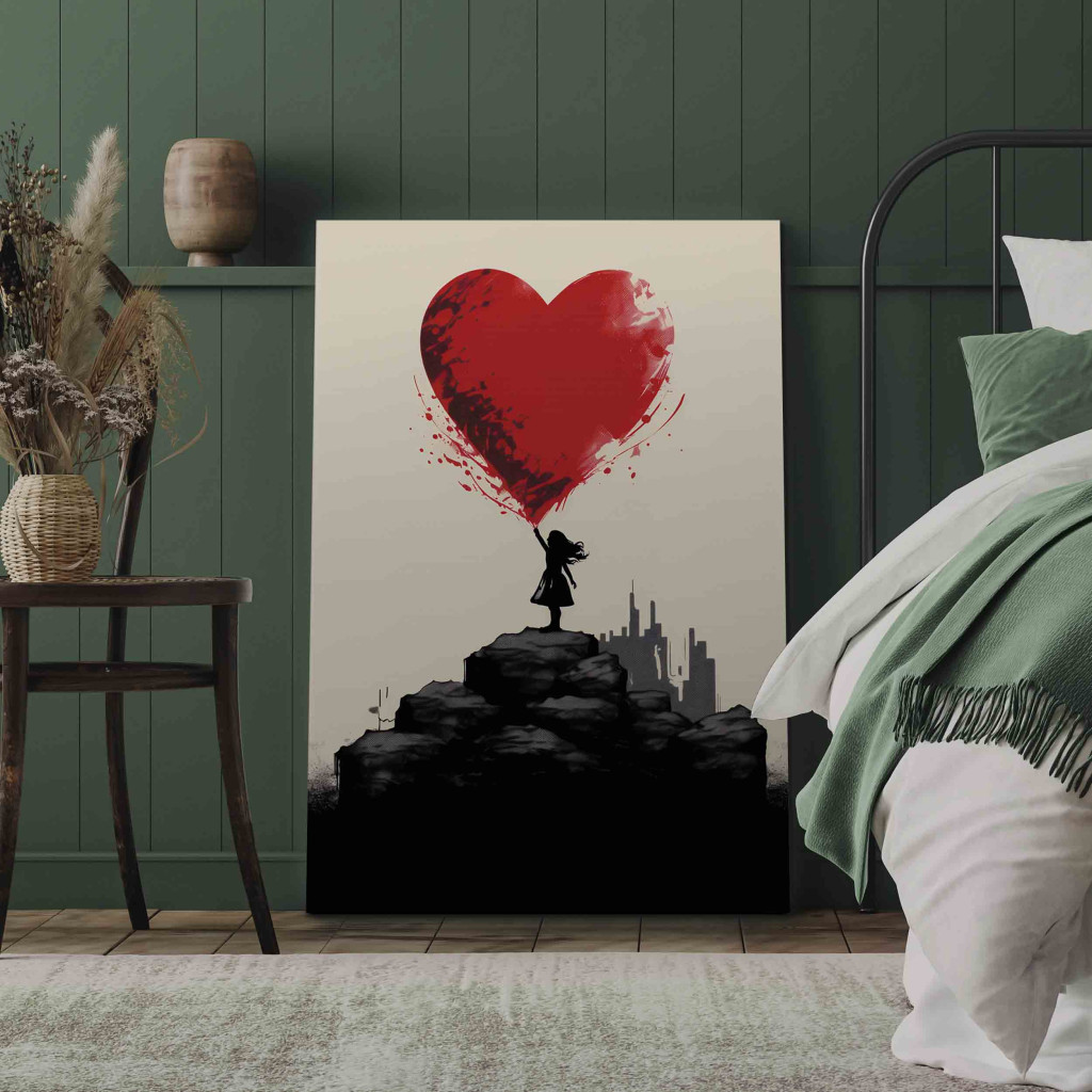 Schilderij  Street Art: Red Heart - A Figure With A Balloon On A City Background Inspired By Banksy