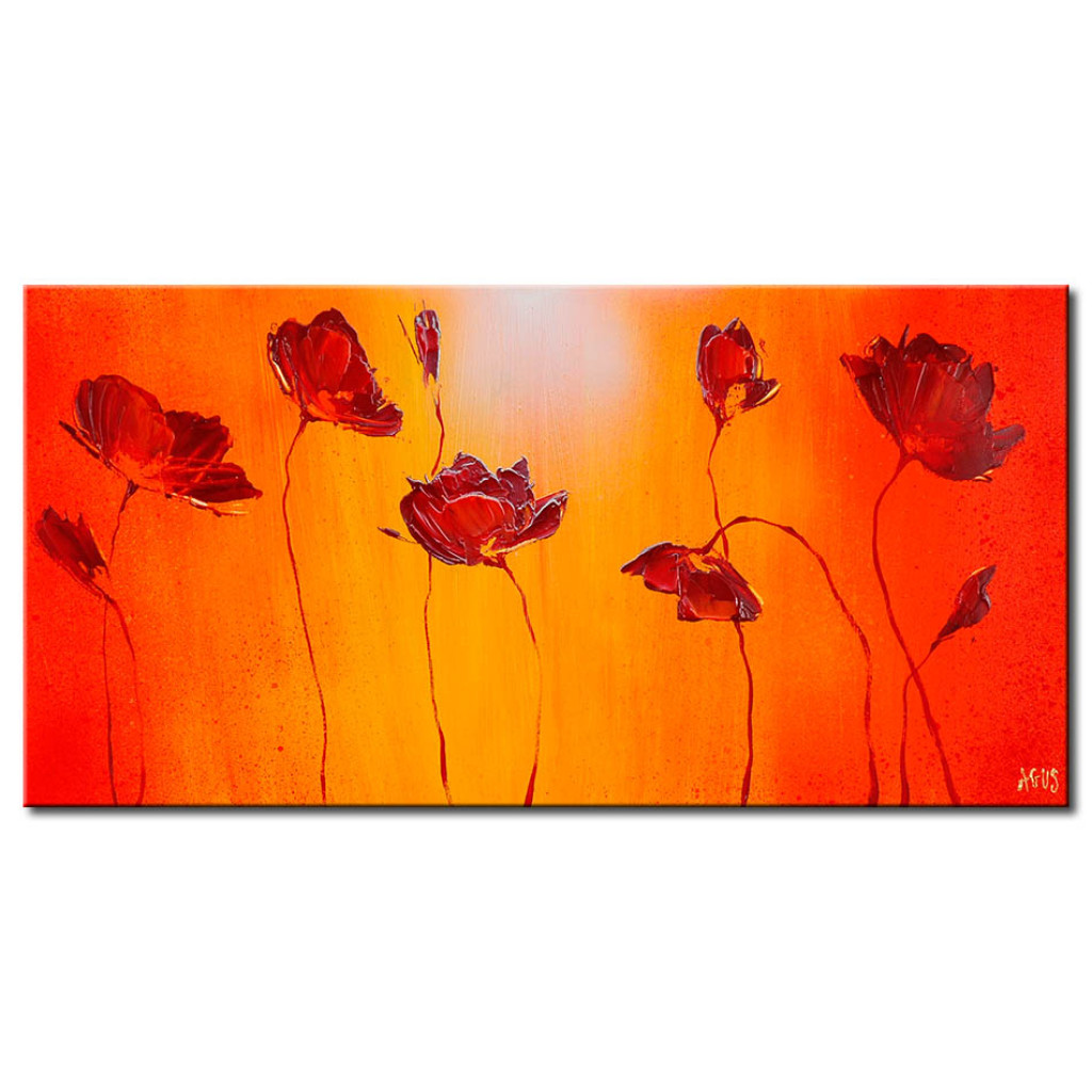 Quadro Pintado Campo De Papoilas (1 Peça) - Composição Ensolarada De Flores Vermelhas
