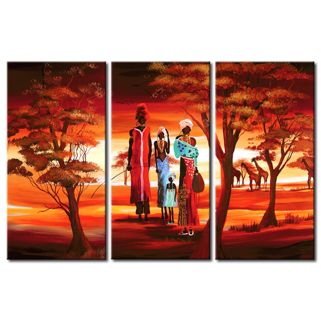 Pintura Passeio Famíliar - Família Africana Com O Pôr-do-sol E Savana No Fundo
