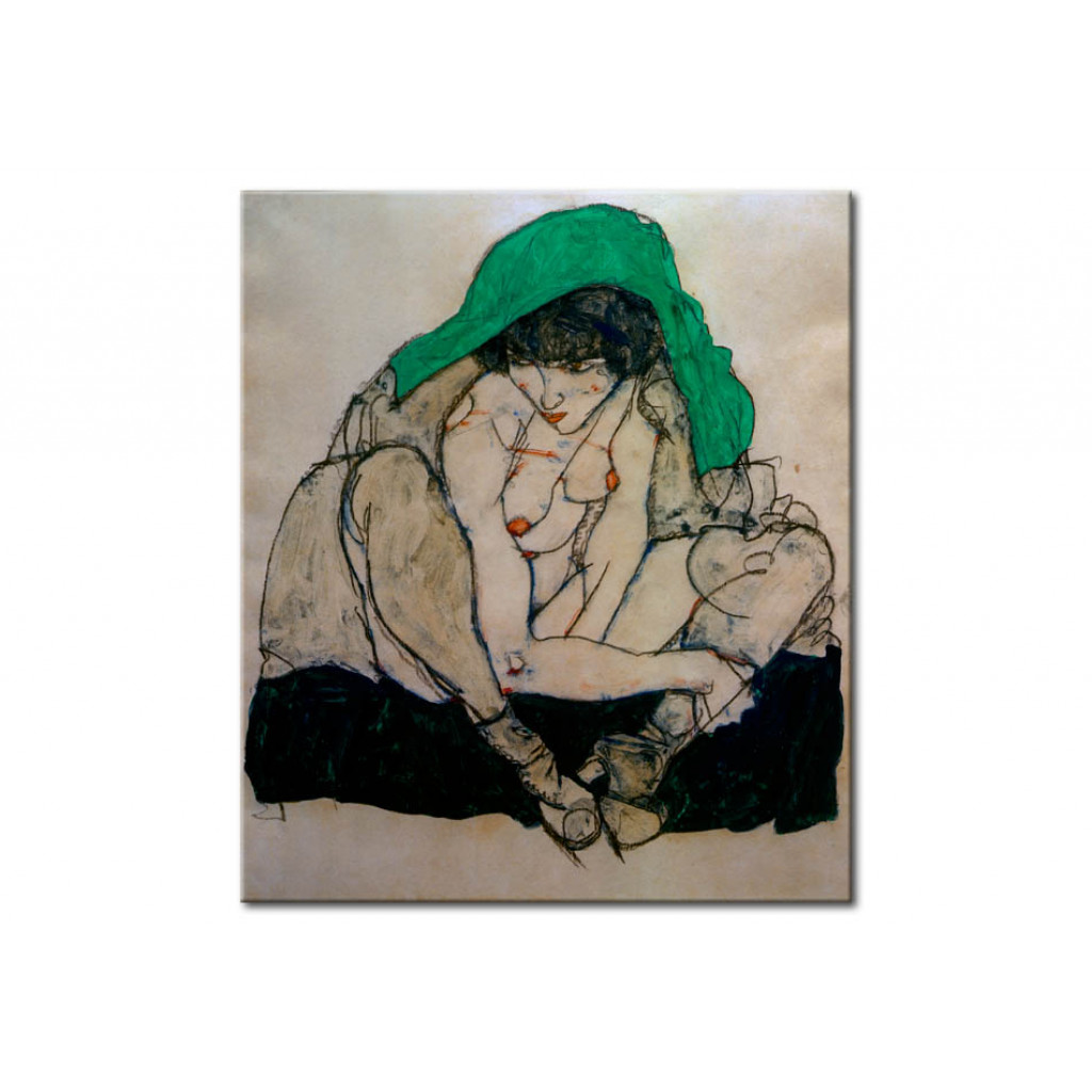 Schilderij  Egon Schiele: Kauernde Mit Grünem Kopftuch