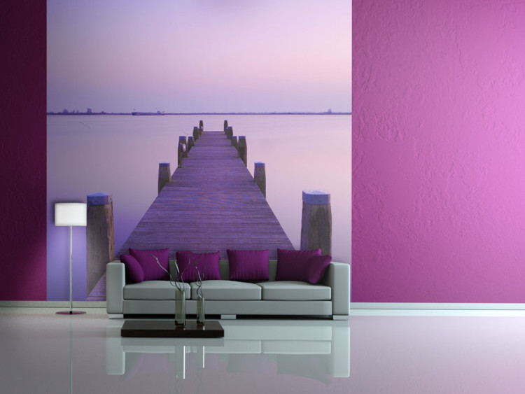 Wall Mural Purple Sunset - Serene Lake Landscape with a Pier in the Center 60252