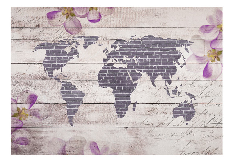 Fototapeta Świat kwiatów - ceglana mapa świata na tle z białych desek z napisami 63952 additionalImage 1