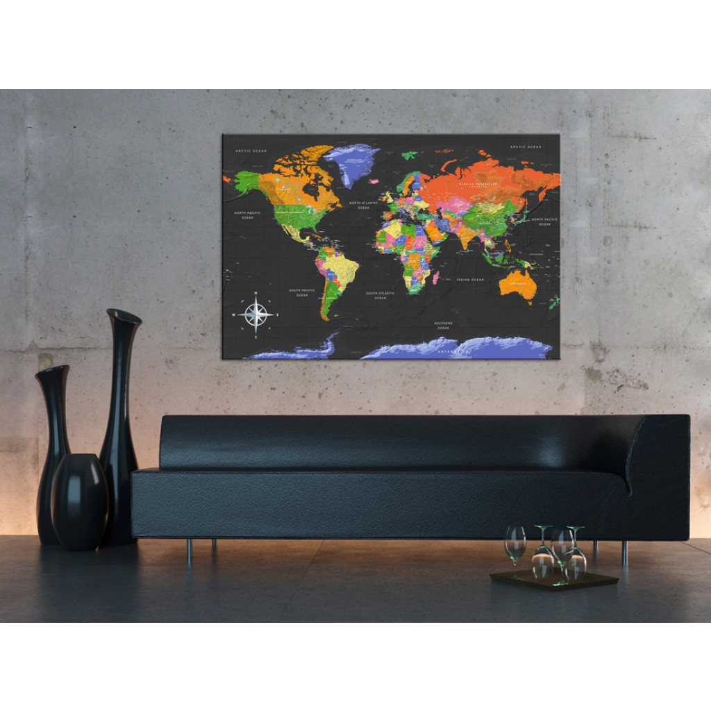 Schilderij  Kaarten Van De Wereld: Oceaan In Zwart (1-delig) - Kleurrijke Wereldkaart In Het Engels