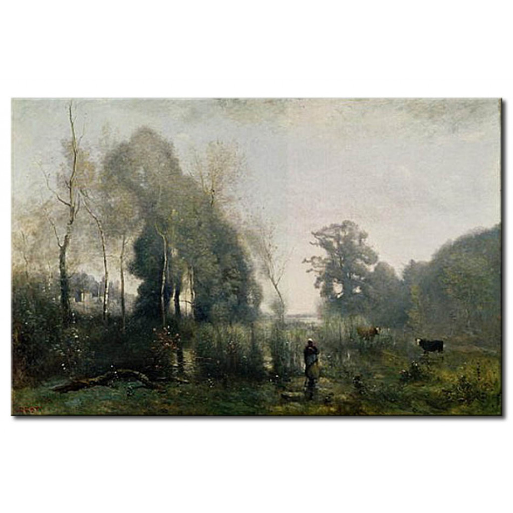 Schilderij  Jean-Baptiste-Camille Corot: Morning At Ville-d'Avray Or, The Cowherd