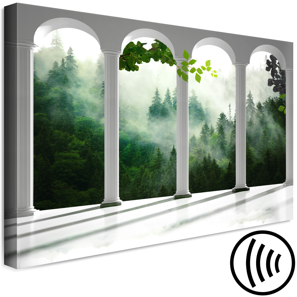 Obraz Białe Kolumny W Lesie - Architektura Na Tle Drzew Owianych Mgłą