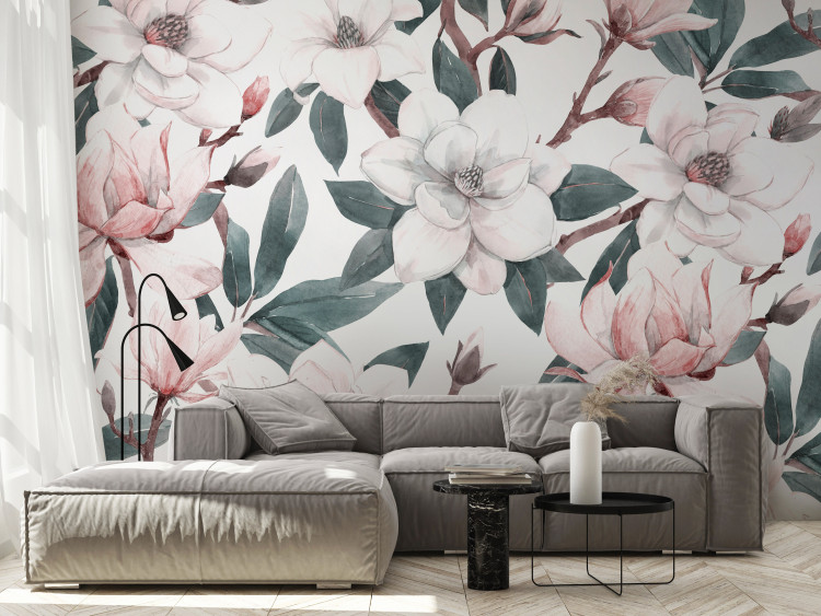 Papier peint Magnolias de printemps - nature dans les tons de vert, blanc et rose 137262
