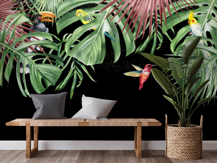 Photo Wallpaper Tropical idyll - composition depicting birds among leaves 142062