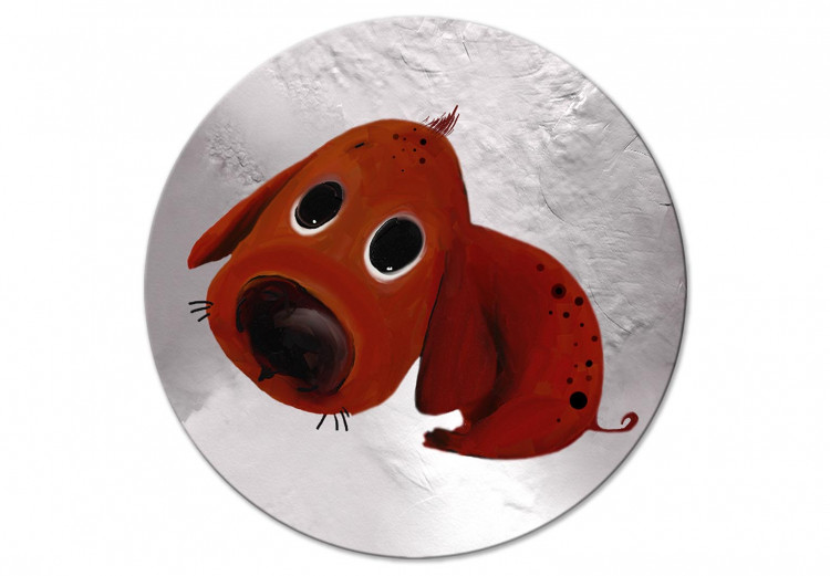 Round Canvas Dog - a Small Brown Dachshund With Sad Eyes on a Gray Background 148762
