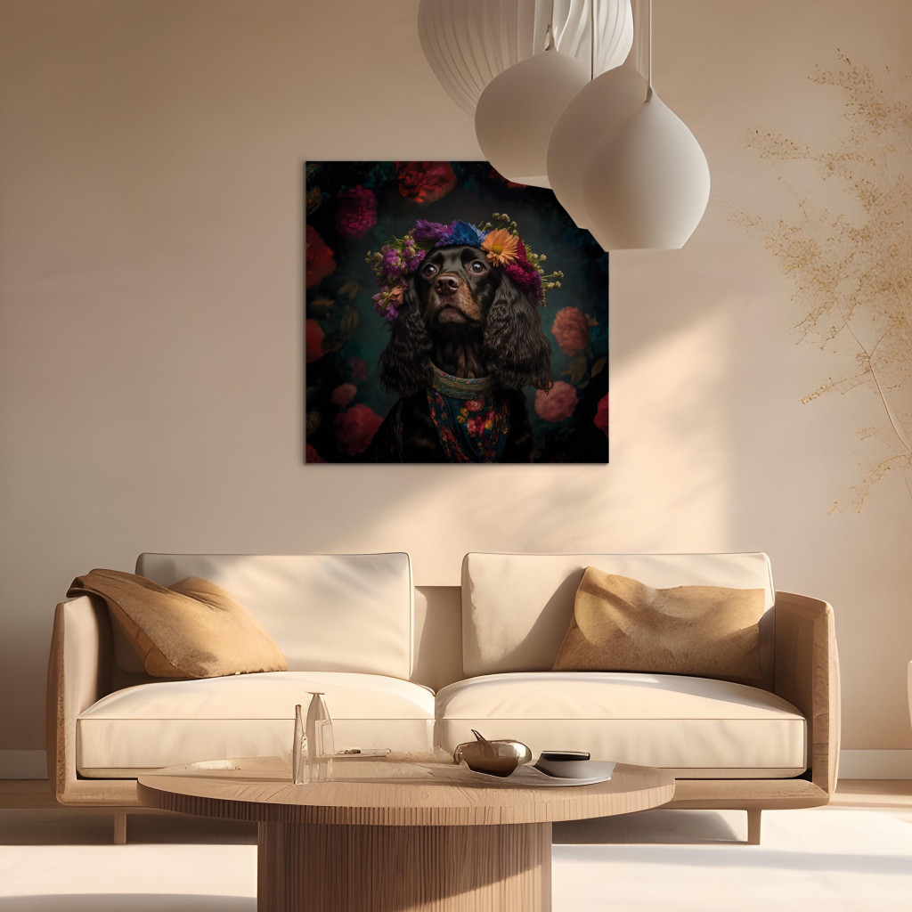 Schilderij  Honden: AI Dog Cocker Spaniel - Frida Kahlo Style Animal Fantasy Portrait - Square