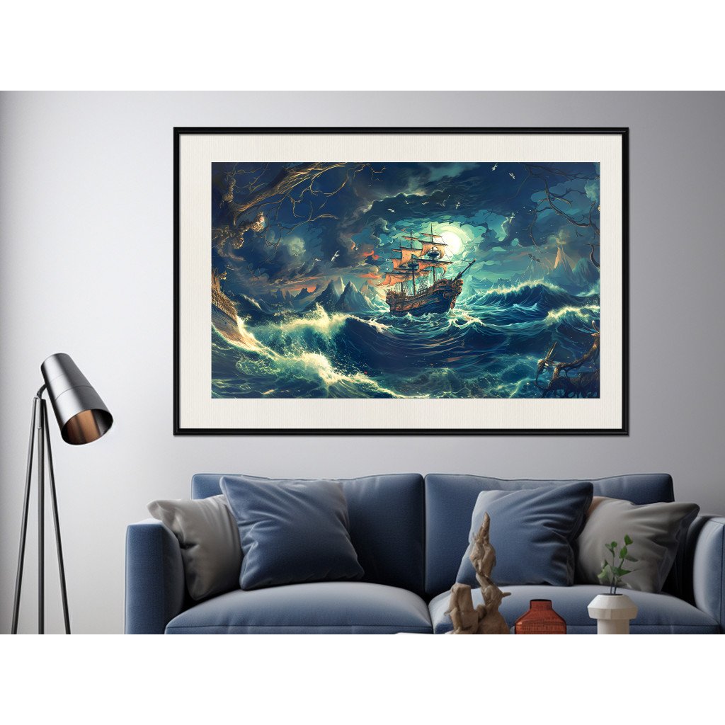 Muur Posters Forgotten Voyage - A Pirate Ship Sailing Through Rough Waves