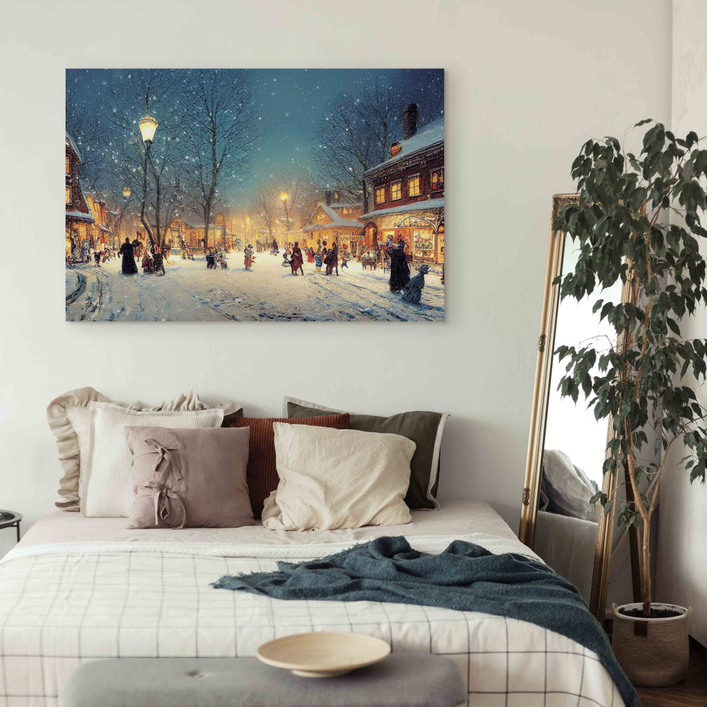 Obraz Zimowe Miasteczko - Ośnieżona Ulica Rozświetlona Retro Latarniami